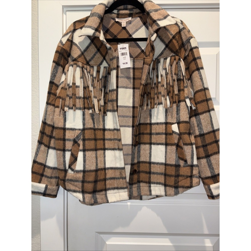 Vintage Threads Women's Small Brown Plaid Fringe Western Button Up Jacket NWTGS